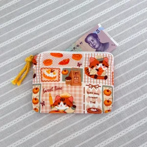 Cute cartoon cat print canvas coin purse, portable mini zipper pouch for daily small items.