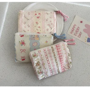 Cute floral small cotton zipper pouch coin purse mini portable earphone storage bag