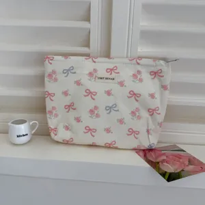 Cute bow rose print canvas cosmetic pouch, large capacity portable travel makeup bag.