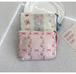 Cute floral mini coin purse cotton canvas zipper pouch portable lipstick headphone organizer bag
