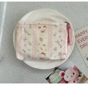 Floral print mini cotton coin purse with zipper, cute sheep pattern pocket for lipstick.