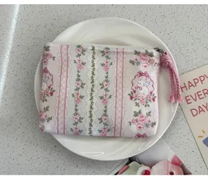 Floral cotton zipper coin purse mini portable makeup earphone storage pouch bag cute