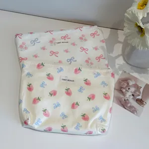 Cute bow strawberry pattern portable cosmetic bag large capacity toiletry storage pouch