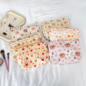 Cute cartoon bear rabbit floral canvas storage bag cosmetic pouch Japanese style pencil case bag