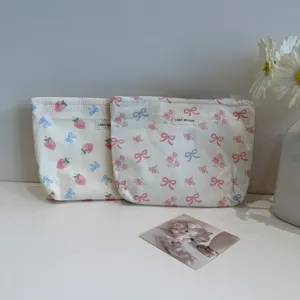 Cute bow strawberry canvas cosmetic bag large capacity portable makeup pouch for women and girls
