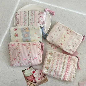 Floral Print Cotton Coin Purse Portable Mini Zipper Pouch Cute Cartoon Card Holder Lipstick Earphone Storage Bag