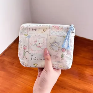 Cute Cartoon Printed Canvas Coin Purse Travel Toiletry Bag Portable Makeup Pouch