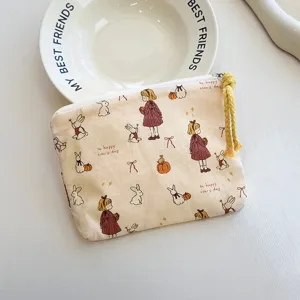 Canvas mini coin purse cute cartoon girl rabbit print portable makeup storage pouch