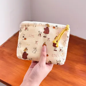 Mini canvas coin pouch cute cartoon cosmetic bag portable zipper makeup storage bag