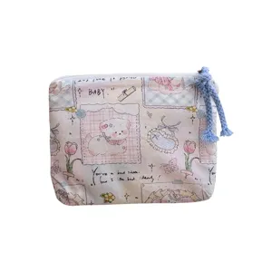 Cute cartoon canvas cosmetic bag, portable travel zipper coin purse and makeup storage pouch.