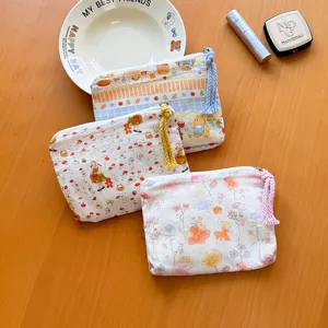 Mini canvas cosmetic pouch cute floral zipper makeup bag portable sundry storage organizer bag