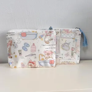 Cute canvas cosmetic pouch and mini coin purse with adorable cat bath print for daily use storage.