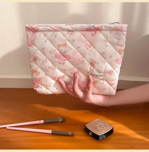 Quilted pink makeup pouch with cute animal print, portable daily cosmetic storage bag