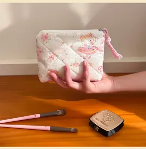 Quilted cute anime girl print makeup pouch, portable travel cosmetic bag for women.