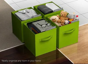 Foldable green fabric storage bins cubes for toys and clothes with durable handles