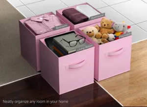 Pink fabric storage bins foldable cube organizers with handles for home and closet organization.