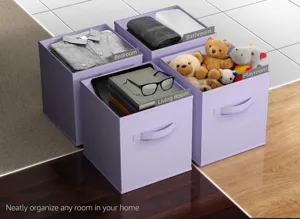 Collapsible fabric storage bins set with handles and label holders for home organization.