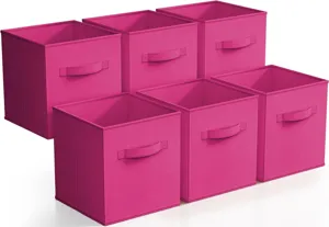 Pink foldable fabric storage cube box with handle, detail view of collapsible container.