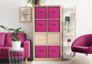 Fabric storage box scene display, pink folding organizer bin inside wooden cube shelf unit