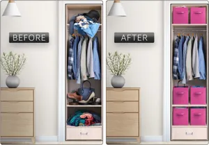 Collapsible fabric storage box detail showing closet organization and tidy storage solution.