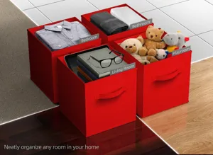 Red foldable fabric storage bins set with clear label slots for home organization and neat decor.