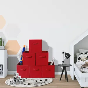 Red folding fabric storage boxes in children room scene, perfect for wardrobe and home organization.