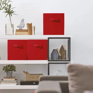 Foldable square storage box open top fabric organizer bin for closet wardrobe shelf details view.