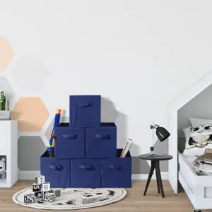 Blue fabric storage cubes stacked in cozy children room scene detail view organization box