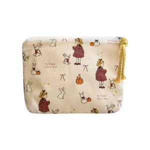 Cute canvas mini coin purse with cute cartoon girl rabbit print, portable zipper pouch.