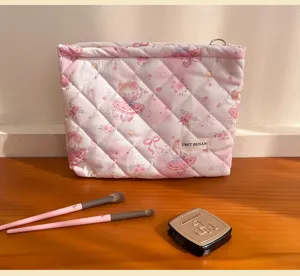 Pink quilted makeup bag cute cartoon animal print cosmetic pouch large capacity travel toiletry bag
