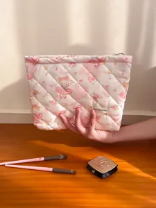 Pink quilted cute cartoon animal print makeup bag, large capacity portable storage pouch.