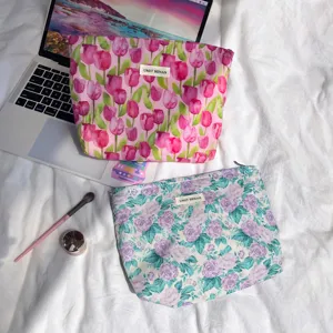 Floral print cosmetic pouch set with zipper closure, cute tulip and rose makeup bags.