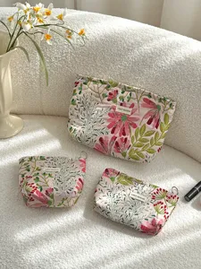 Floral Embroidered Cosmetic Bag Set, Cute Pink Makeup Pouch Toiletry Storage Organizer for Women