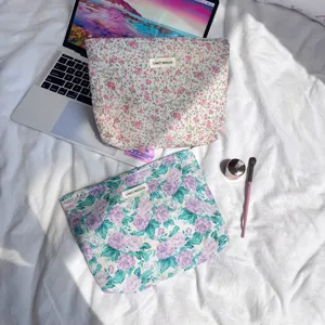 Close-up detail of floral cotton cosmetic pouch, portable makeup storage bag with zipper.