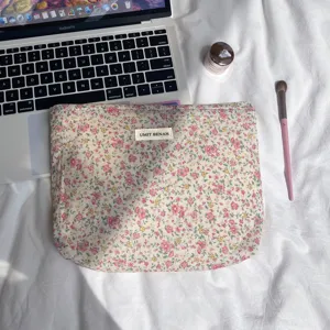 Floral cotton makeup pouch detail, cute cosmetic storage bag with zipper for daily use.