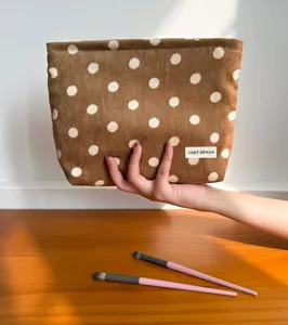 Retro brown polka dot corduroy cosmetic bag, portable travel makeup storage pouch organizer.