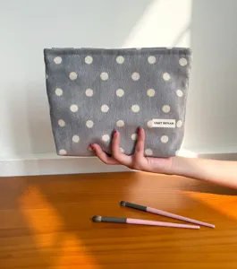Gray corduroy polka dot cosmetic bag retro travel storage pouch with zipper for daily use