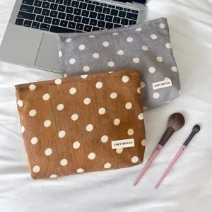 Vintage Corduroy Polka Dot Cosmetic Bag Large Capacity Makeup Pouch Portable Travel Toiletry Organizer Bag For Women