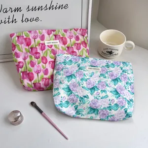 Floral cotton cosmetic bag set with zipper, stylish floral print makeup pouch for travel.