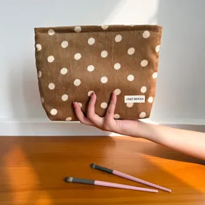 Brown corduroy polka dot cosmetic bag vintage makeup pouch stylish travel toiletry organizer