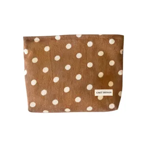 Brown corduroy makeup bag with white polka dots, retro travel cosmetic storage pouch for women.
