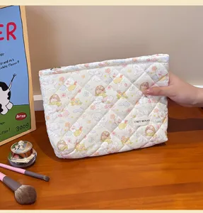 Quilted cartoon girl makeup pouch detail, large capacity travel cosmetic storage bag for women.