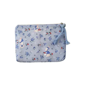Cute blue rabbit pattern canvas zipper pouch portable cosmetic storage bag daily use.