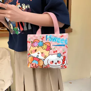 Cute Cartoon Velvet Mini Handbag Women Casual Small Tote Bag Portable Travel Storage Bag Sweet Style Top Handle Bag