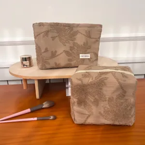 Vintage linen embroidered flower cosmetic bag, large capacity travel makeup storage pouch.