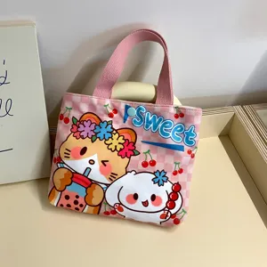 Cute pink canvas handbag with sweet cartoon cat and bunny print, mini aesthetic tote bag.