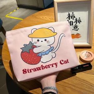 Joli sac cosmétique en toile chat fraise, grande capacité trousse de toilette zippée voyage.