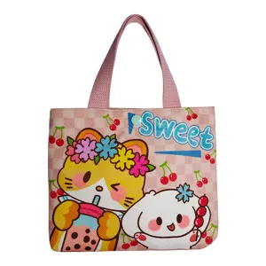 Pink plaid canvas handbag cute cartoon cat bubble tea tote bag mini storage bag daily use
