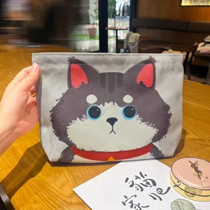 Trousse de toilette en toile grise avec motif chat mignon, grand sac de maquillage de voyage.