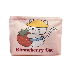 Jolie trousse de maquillage en toile pour chat, grande capacité avec fermeture éclair.